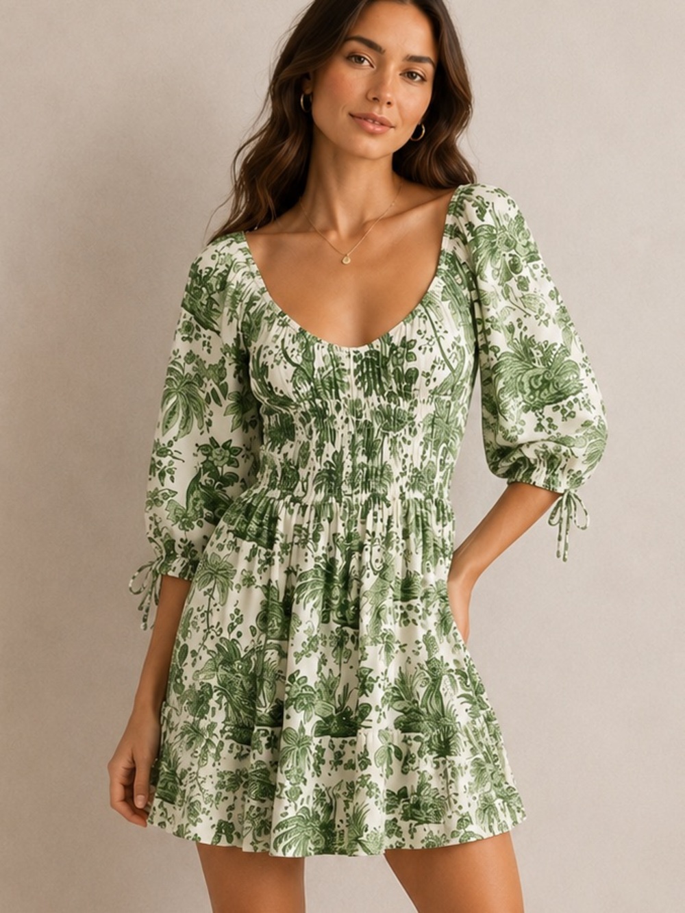 STAUD Tropical Toile Smocked Mini Dress | Puff Sleeve Dress | Size Small